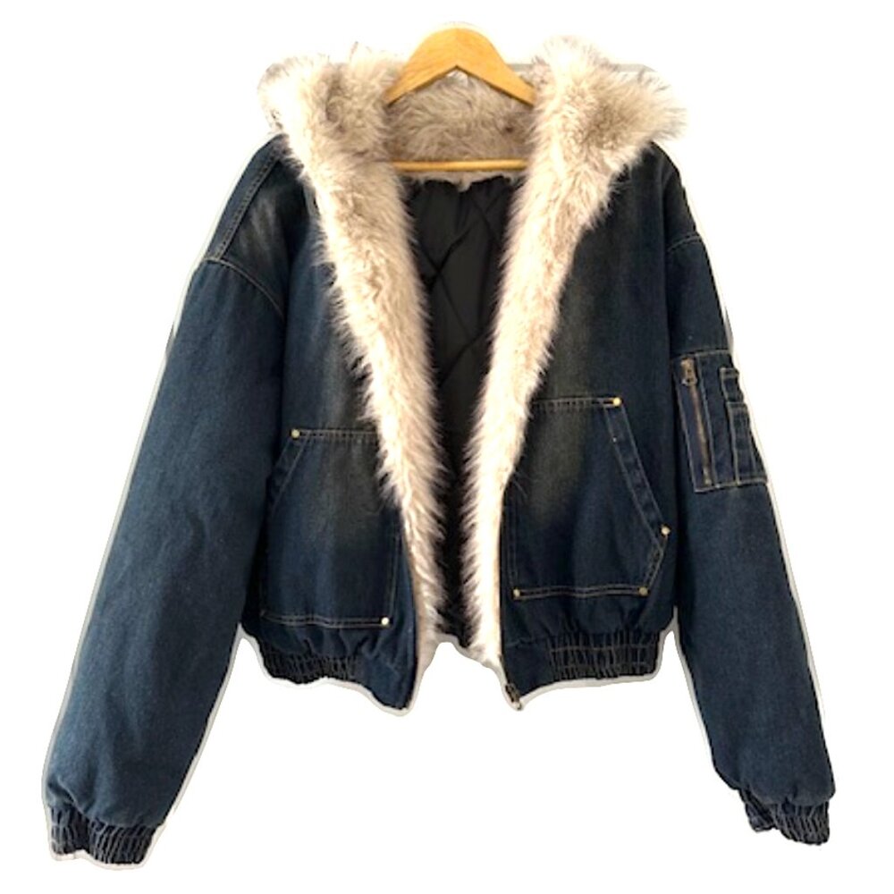 NWOT - Women's Faux Fur Hooded Denim Bomber Jacket - Large